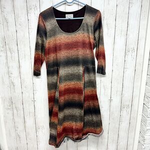 VTG Bethany Dress Women Sz MD Long Sleeve Mini Striped A line Mini Brown Pleated